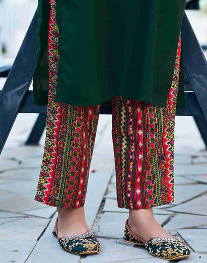 Dark Green Plain Chinnon Straight Kurta With Pant And Dupatta