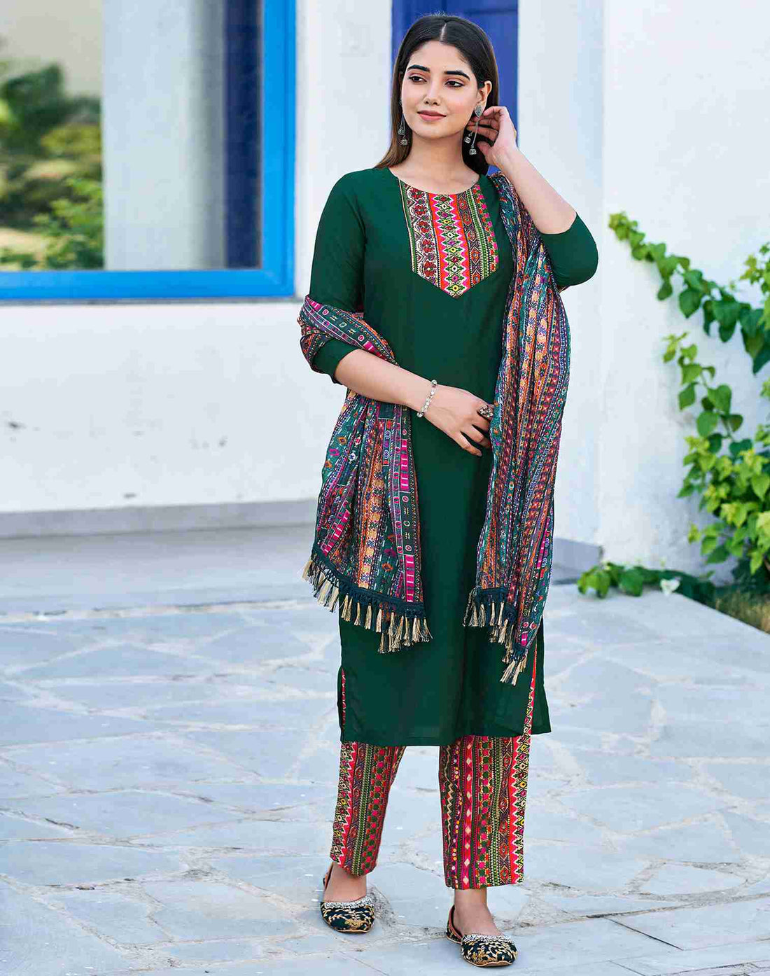 Dark Green Plain Chinnon Straight Kurta With Pant And Dupatta