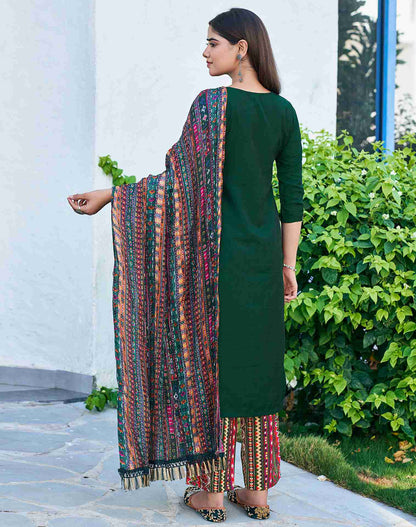 Dark Green Plain Chinnon Straight Kurta With Pant And Dupatta