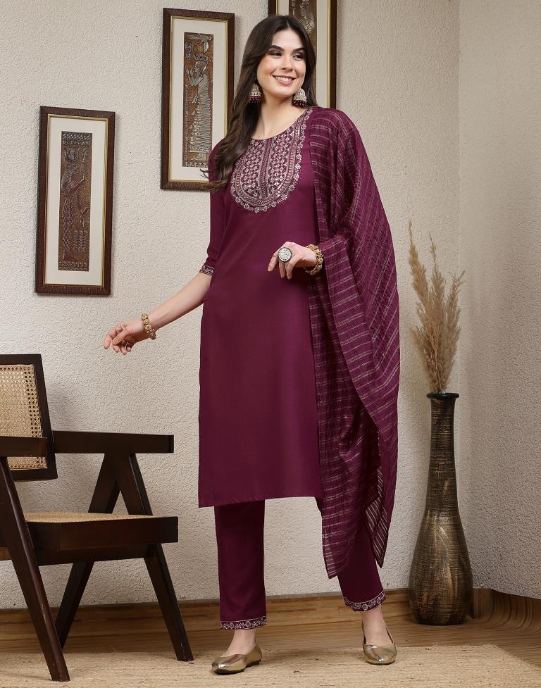 Dark Pink Plain Cotton Straight Kurta Set With Dupatta