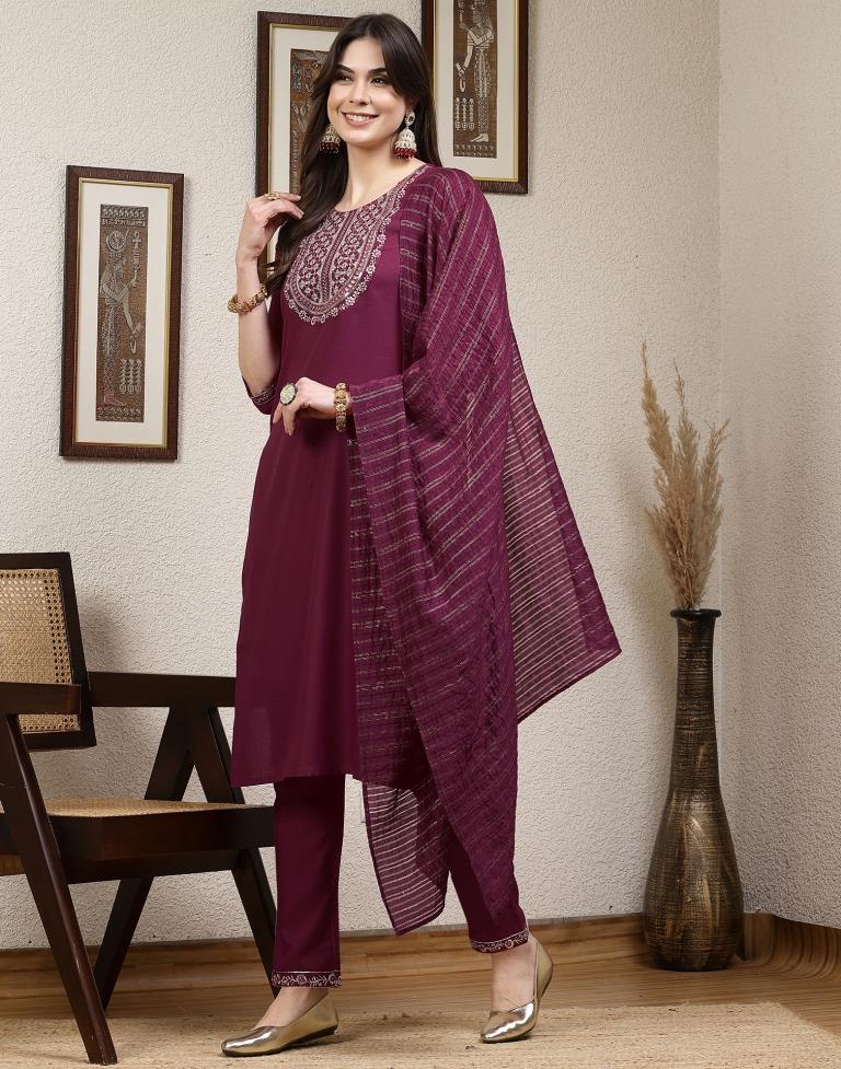 Dark Pink Plain Cotton Straight Kurta Set With Dupatta