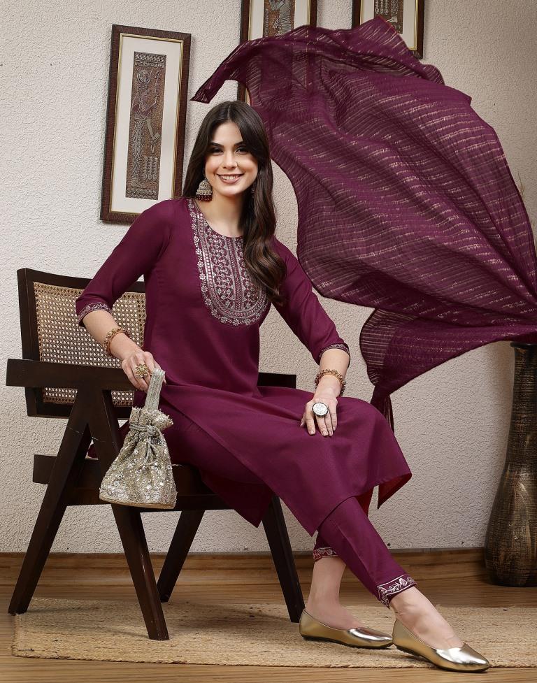 Dark Pink Plain Cotton Straight Kurta Set With Dupatta