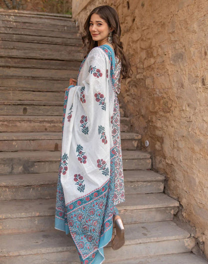 White Printed Rayon Straight Kurta With Pant And Dupatta