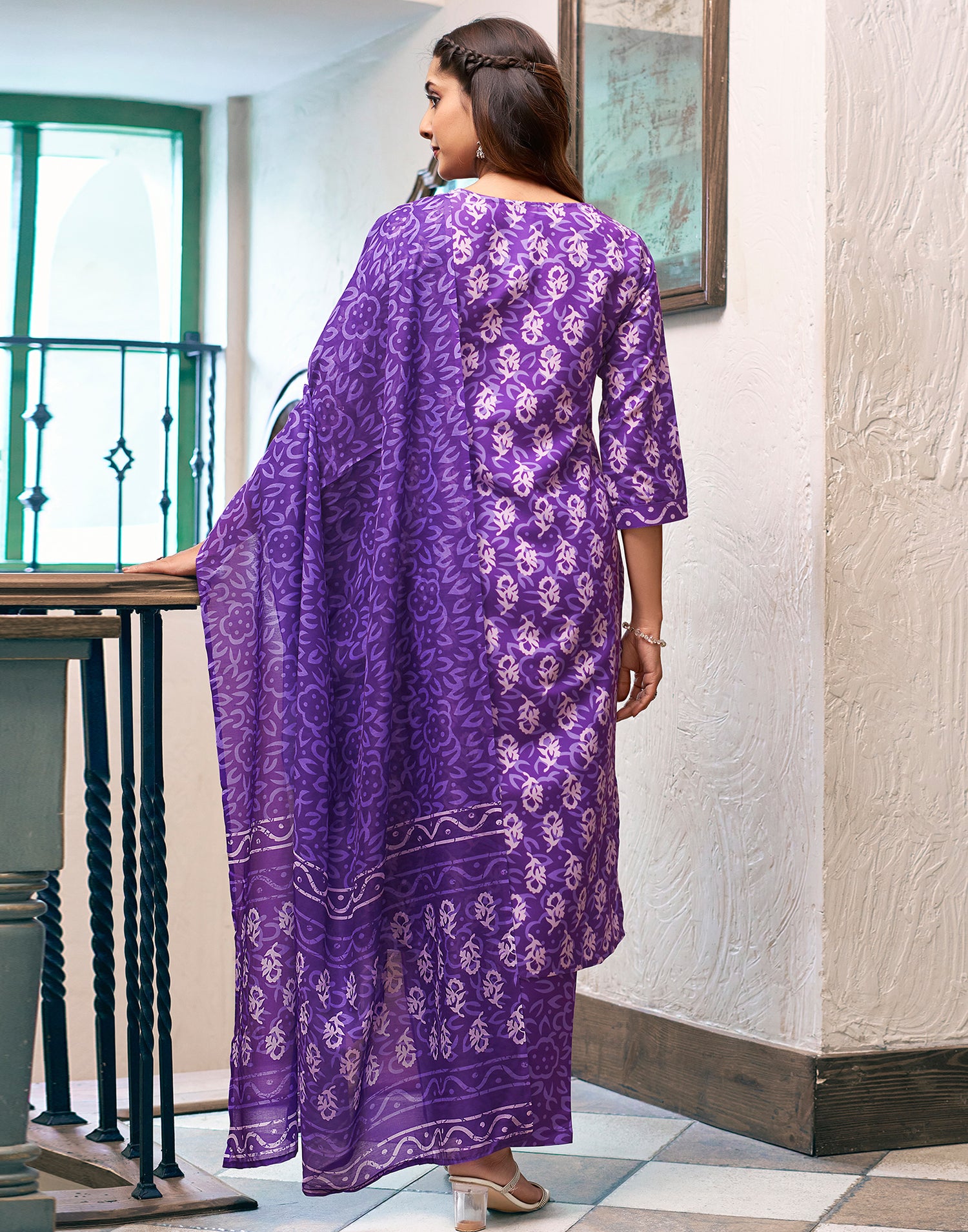 Purple Printed Rayon Straight Kurta Set With Dupatta