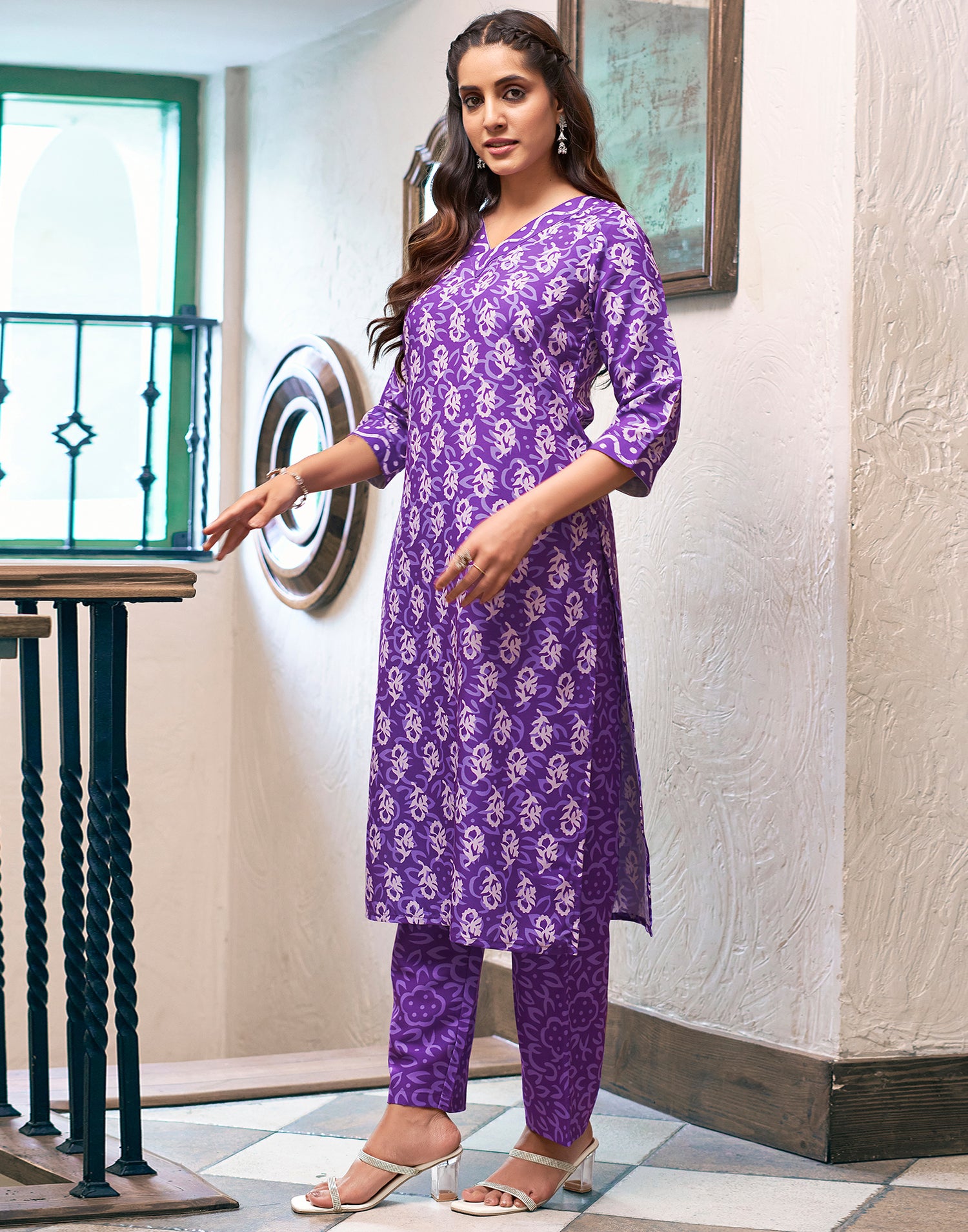 Purple Printed Rayon Straight Kurta Set With Dupatta