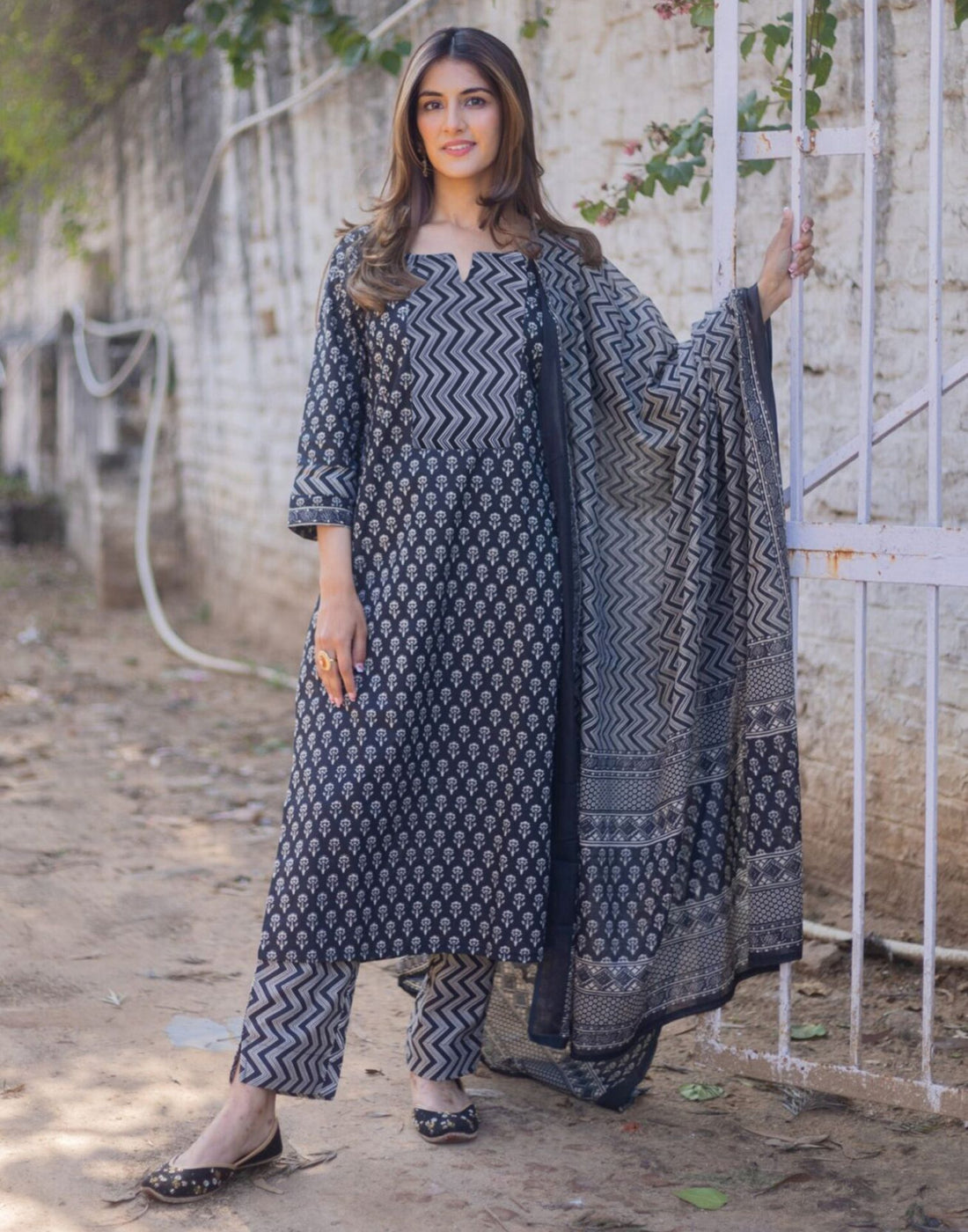 Navy Blue Printed Rayon Straight Kurta Set With Dupatta