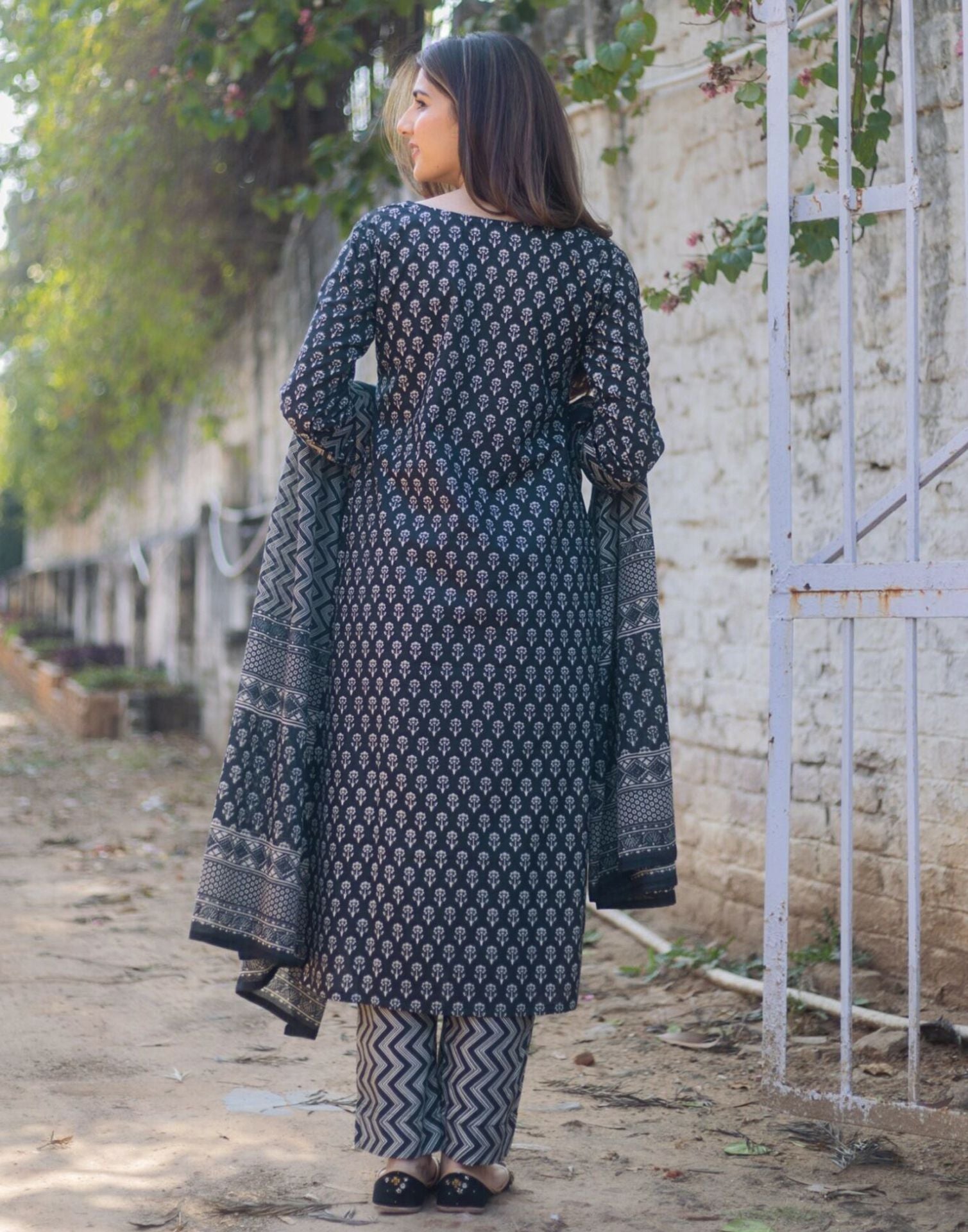 Navy Blue Printed Rayon Straight Kurta Set With Dupatta