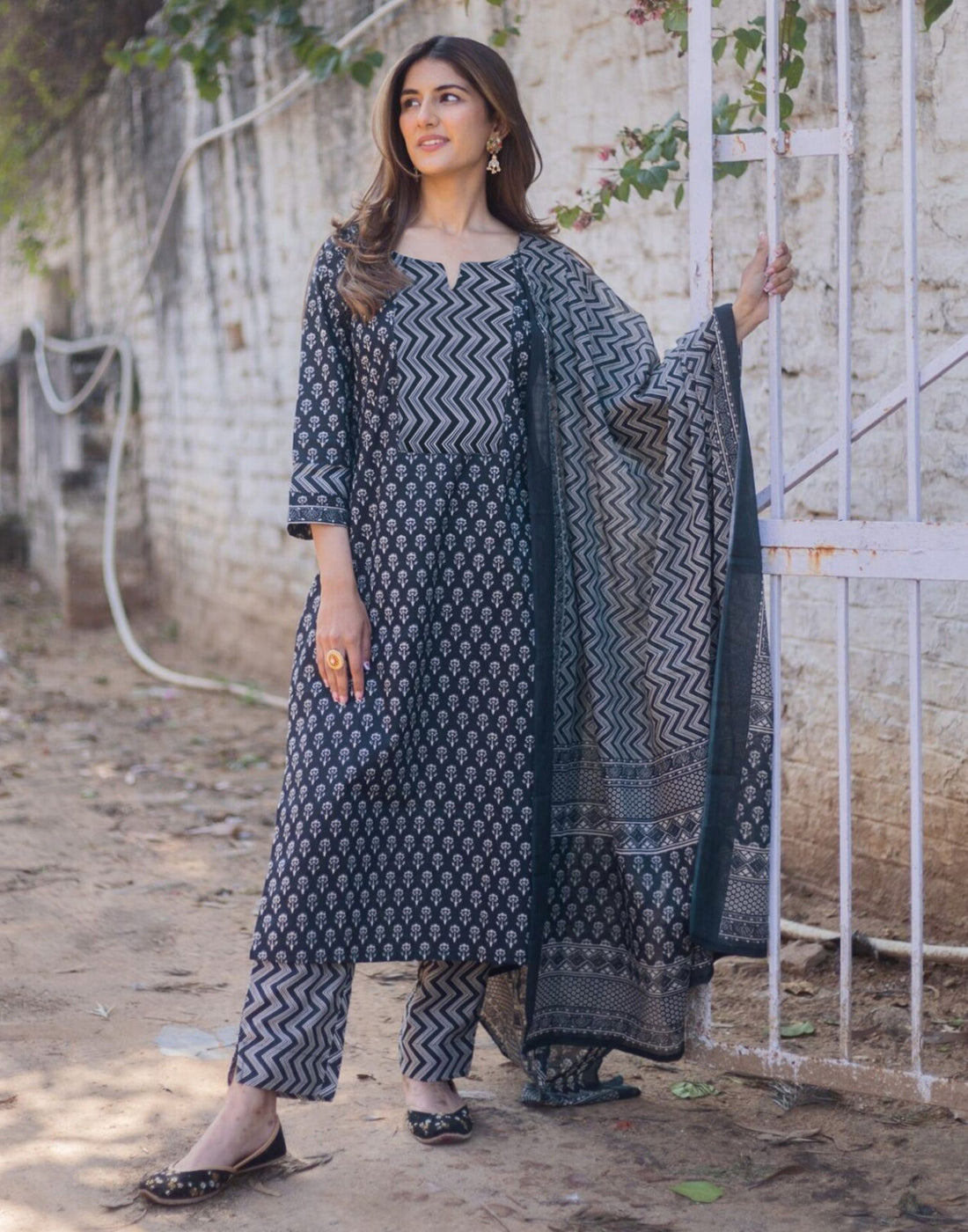 Navy Blue Printed Rayon Straight Kurta Set With Dupatta