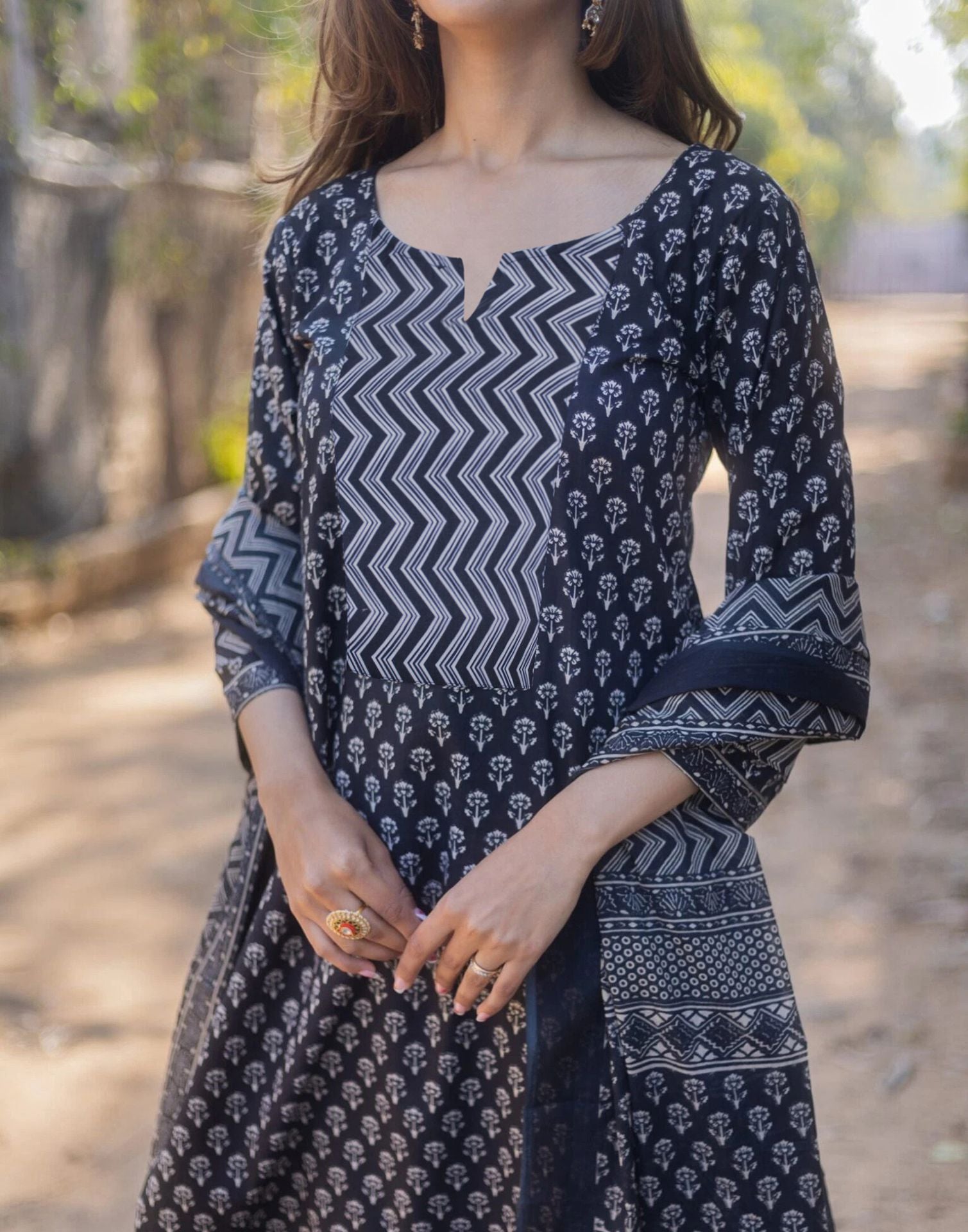 Navy Blue Printed Rayon Straight Kurta Set With Dupatta