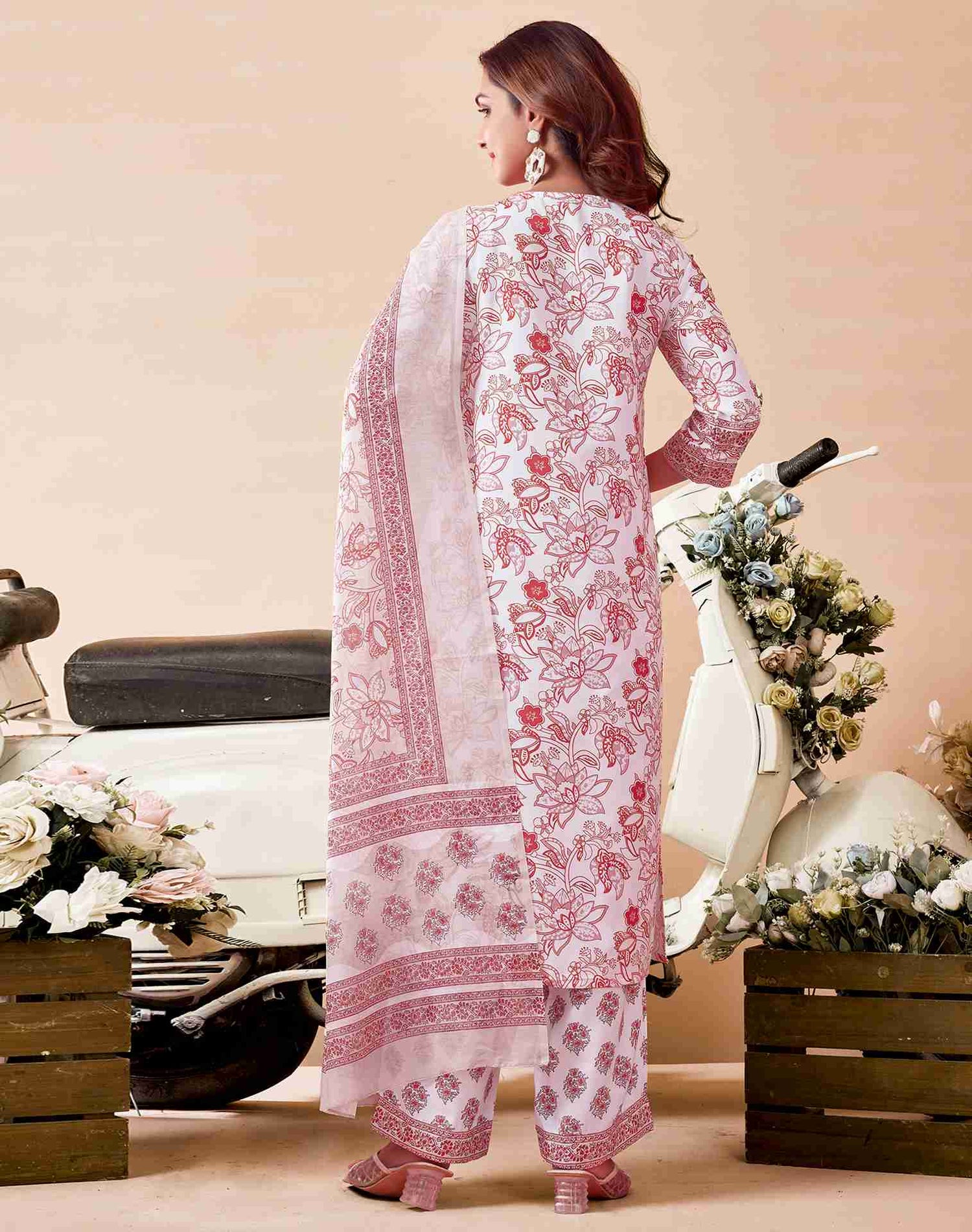 White Printed Rayon Straight Kurta With Pant And Dupatta