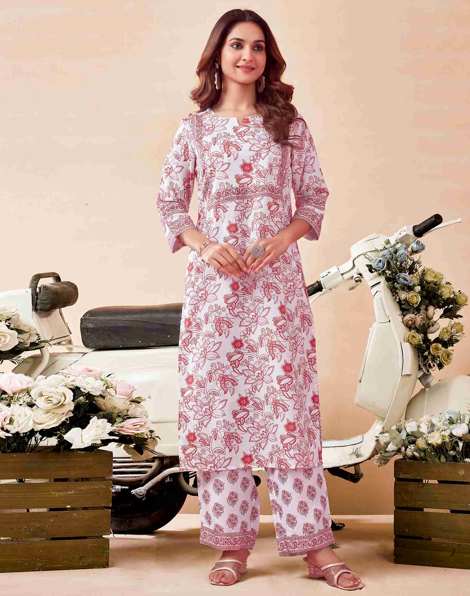 White Printed Rayon Straight Kurta With Pant And Dupatta