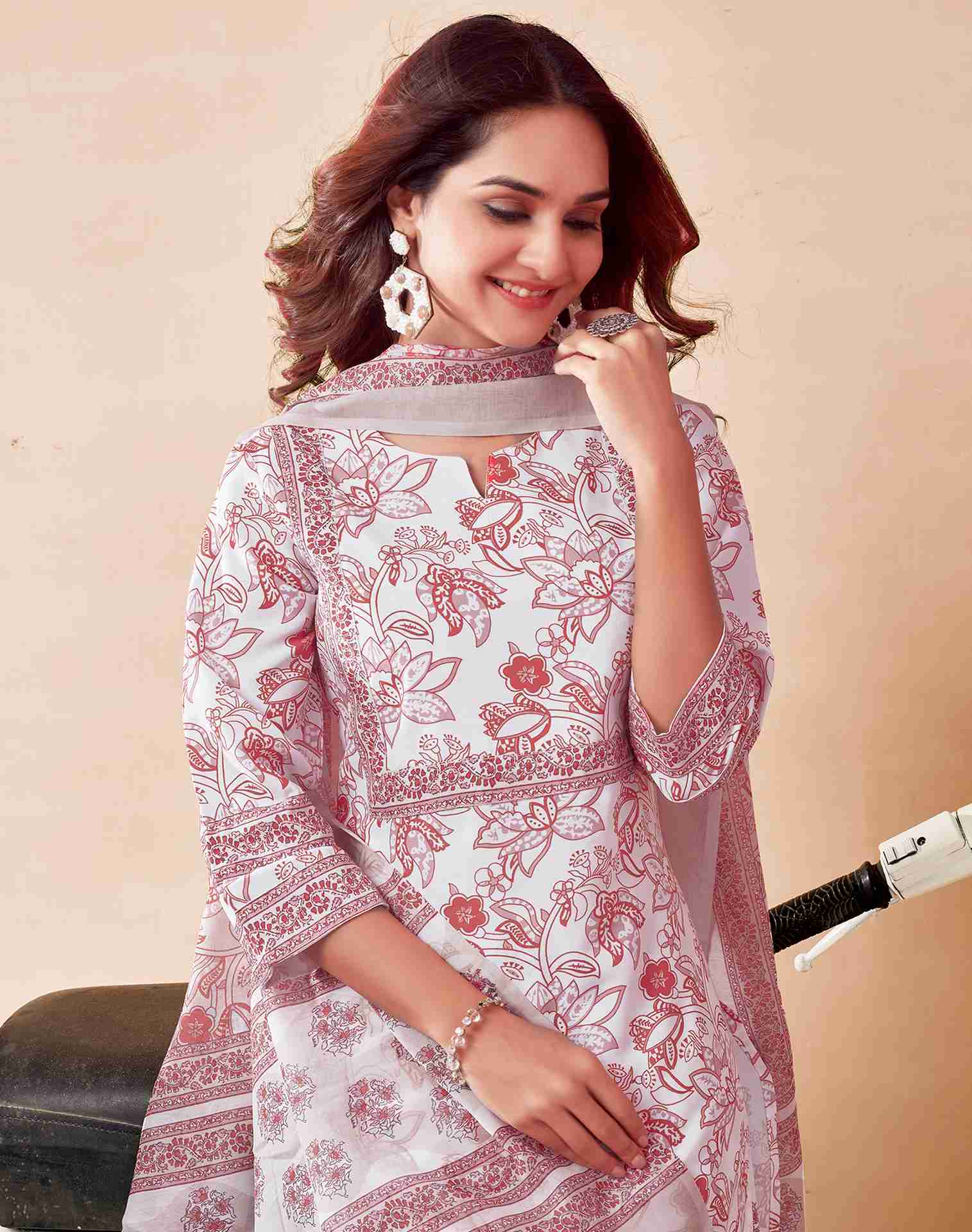 White Printed Rayon Straight Kurta With Pant And Dupatta