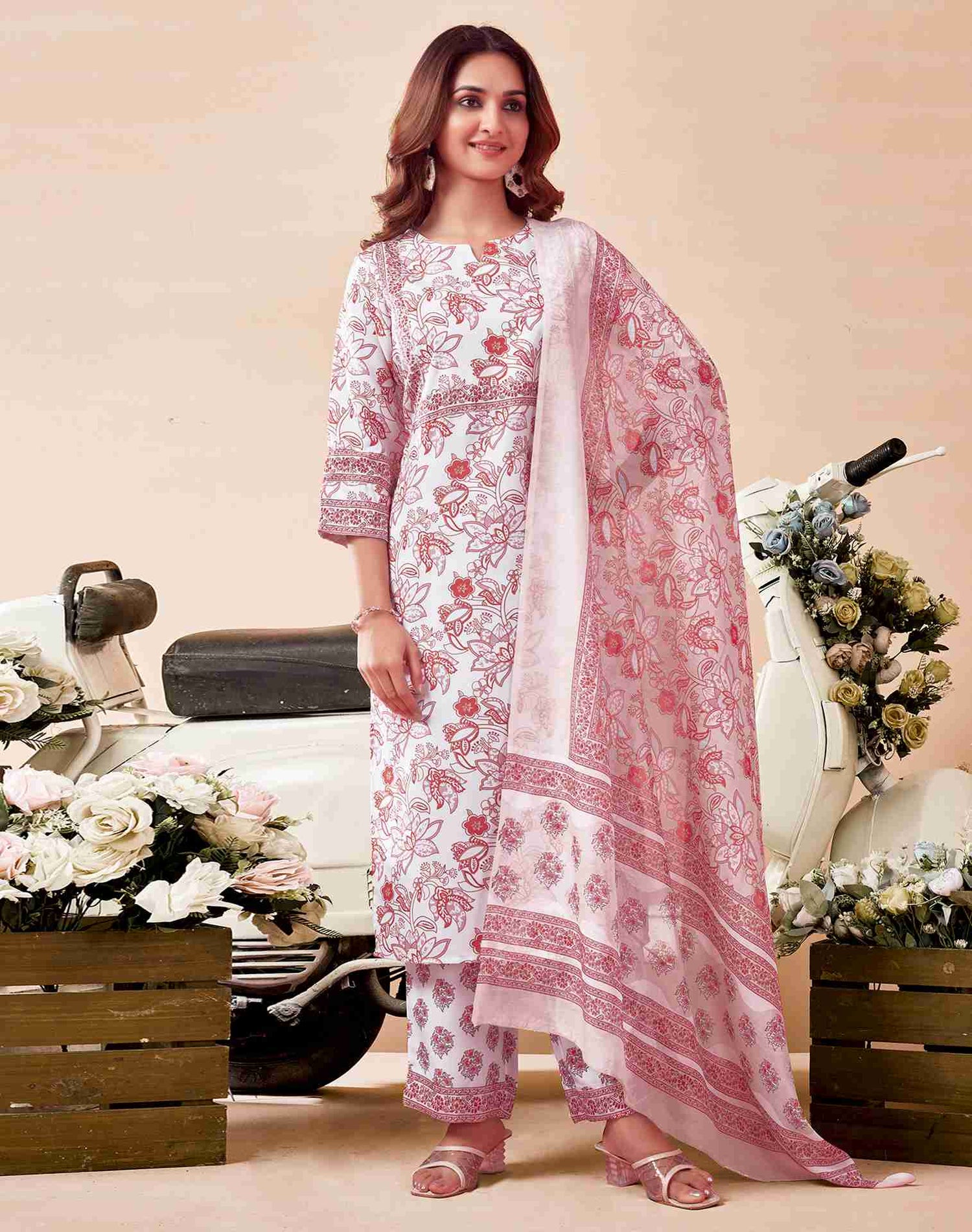 White Printed Rayon Straight Kurta With Pant And Dupatta