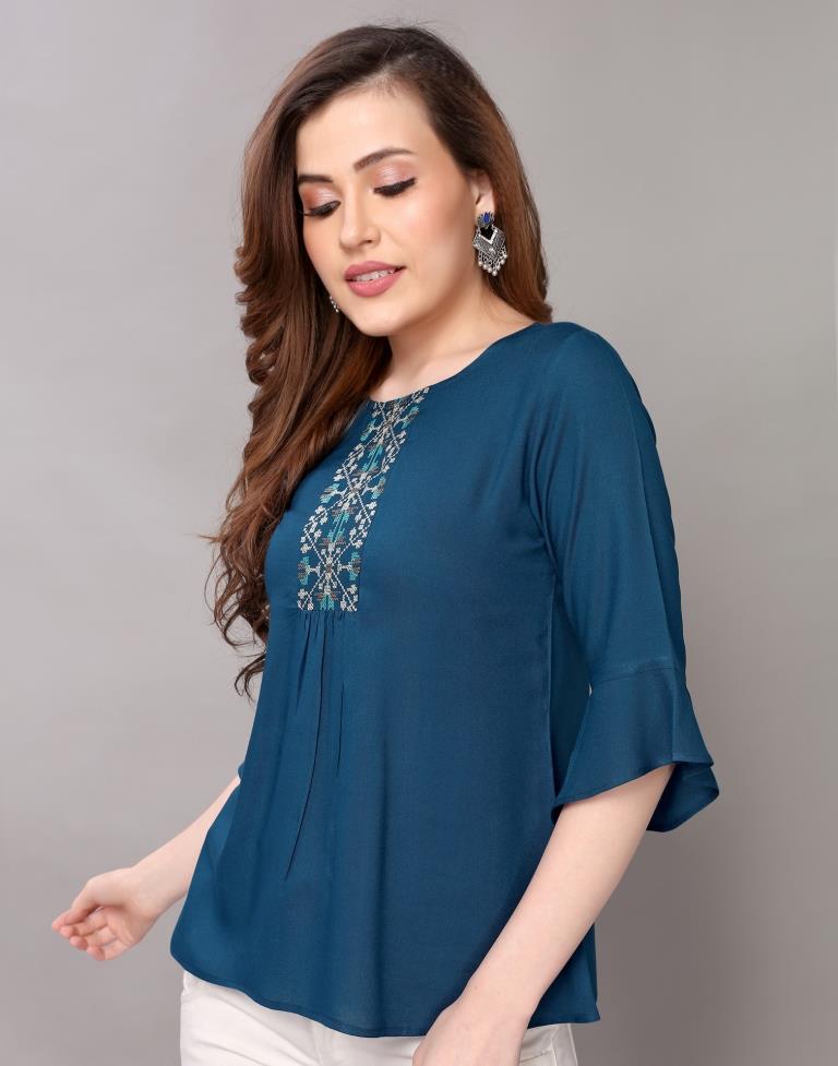 Prussian Blue Coloured Embroidered Rayon Top | Sudathi