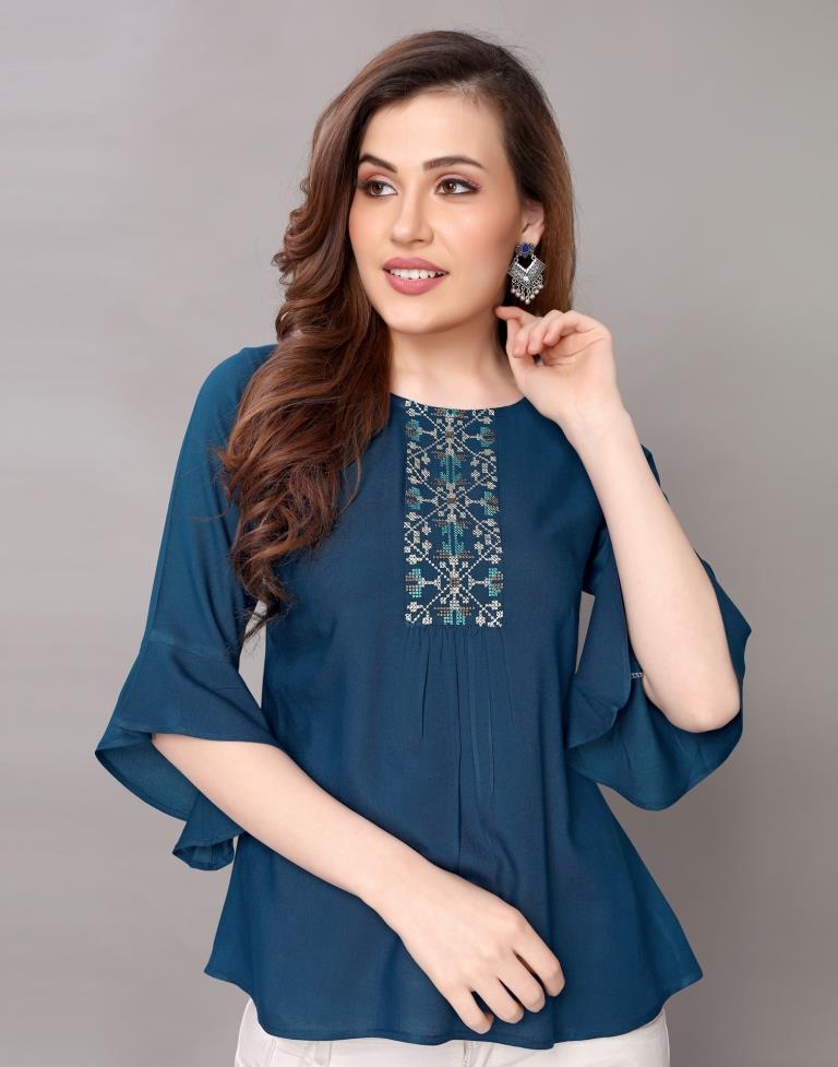 Prussian Blue Coloured Embroidered Rayon Top | Sudathi