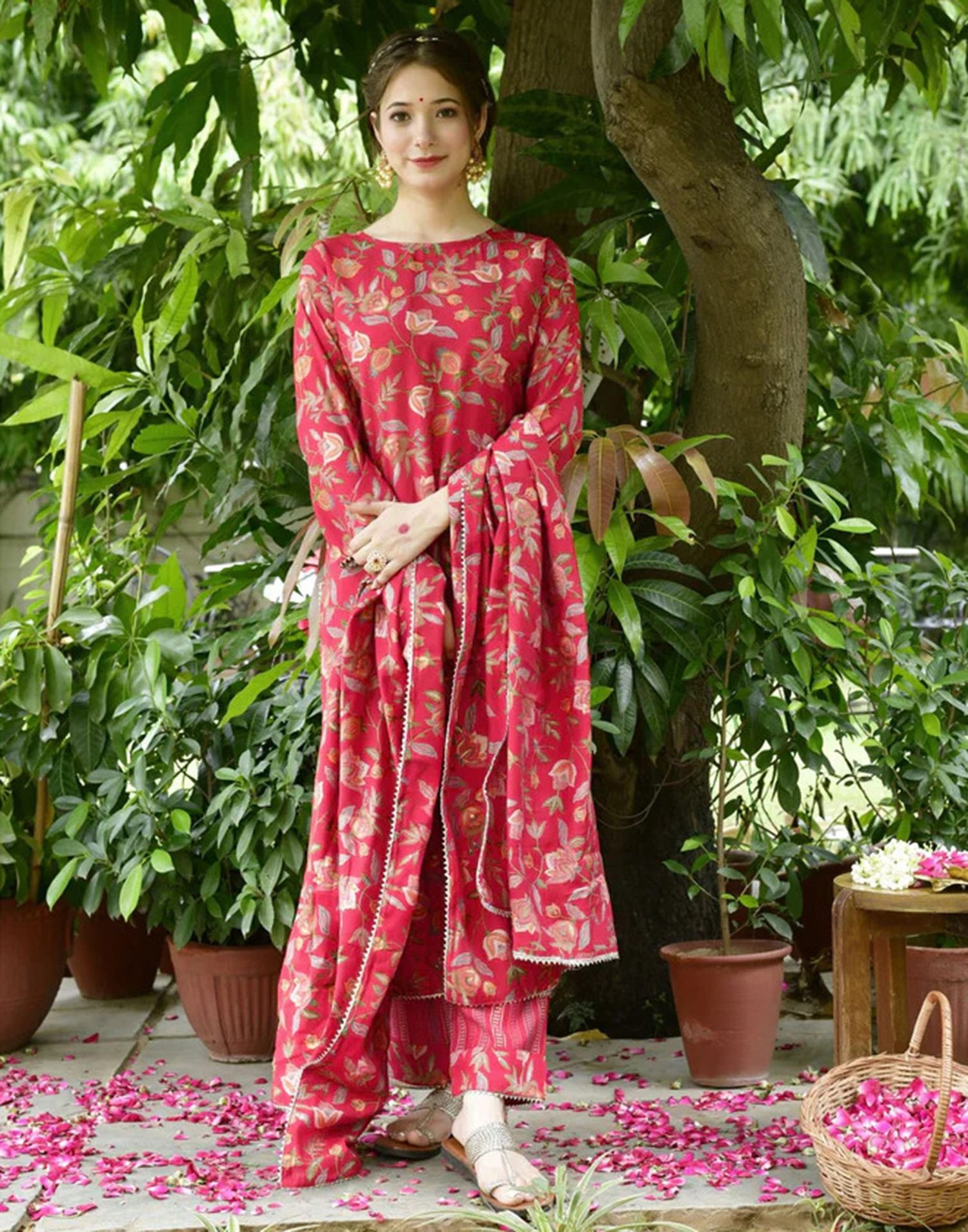 Red Printed Rayon Flared Kurta With Pant And Dupatta