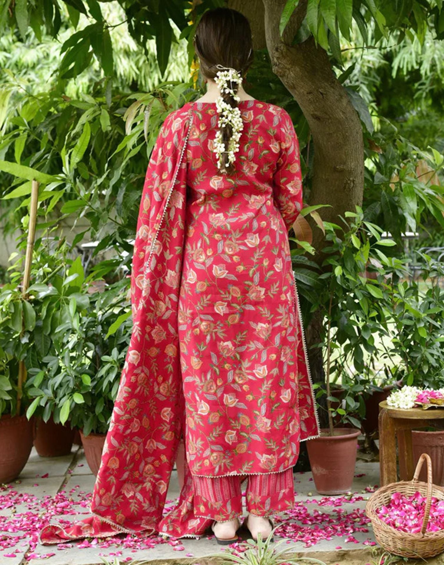 Red Printed Rayon Flared Kurta With Pant And Dupatta