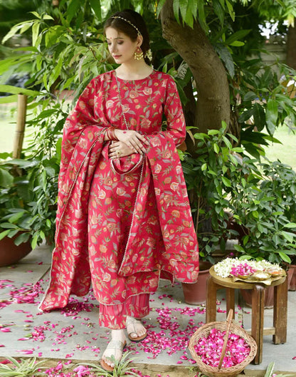 Red Printed Rayon Flared Kurta With Pant And Dupatta