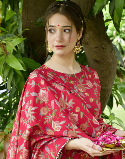 Red Printed Rayon Flared Kurta With Pant And Dupatta