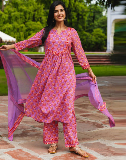 Purple Printed Rayon A-Line Kurta With Pant And Dupatta