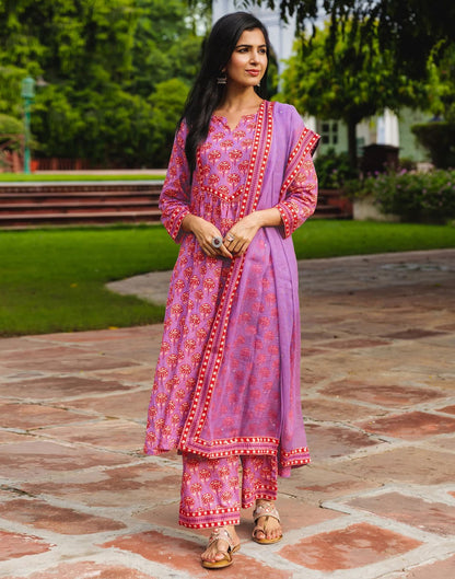 Purple Printed Rayon A-Line Kurta With Pant And Dupatta