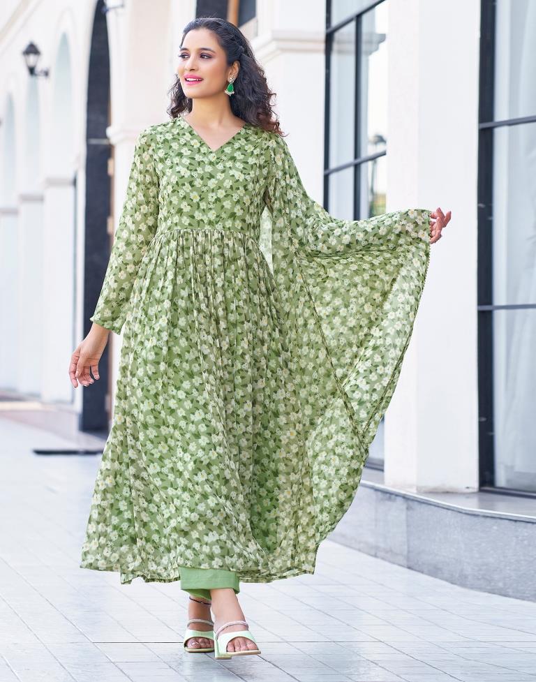 Pista Green Printed Georgette Flared Kurta Set with Dupatta