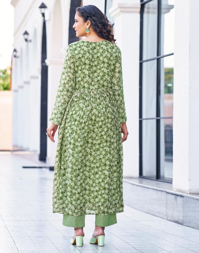 Pista Green Printed Georgette Flared Kurta Set with Dupatta