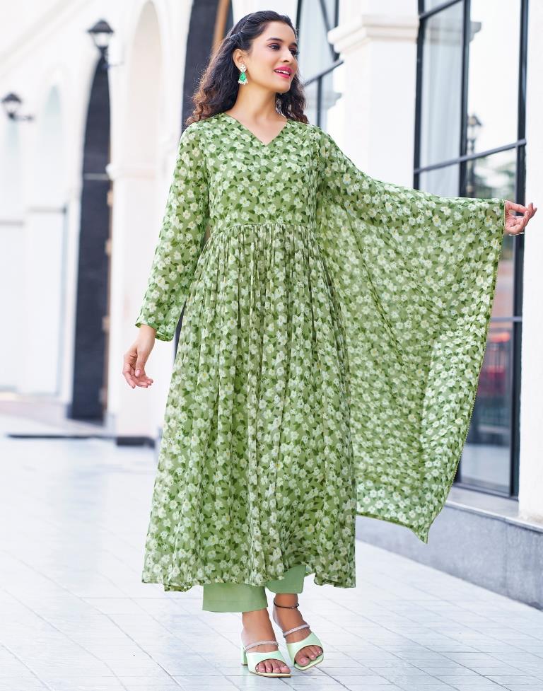 Pista Green Printed Georgette Flared Kurta Set with Dupatta