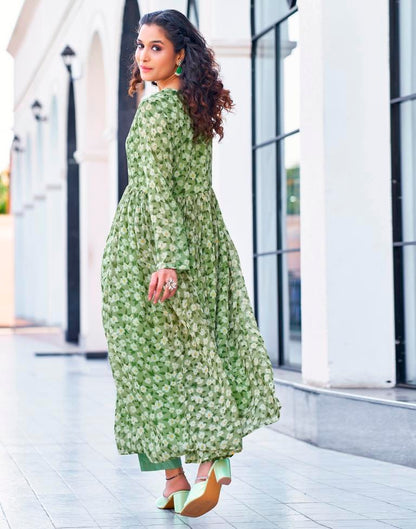 Pista Green Printed Georgette Flared Kurta Set with Dupatta