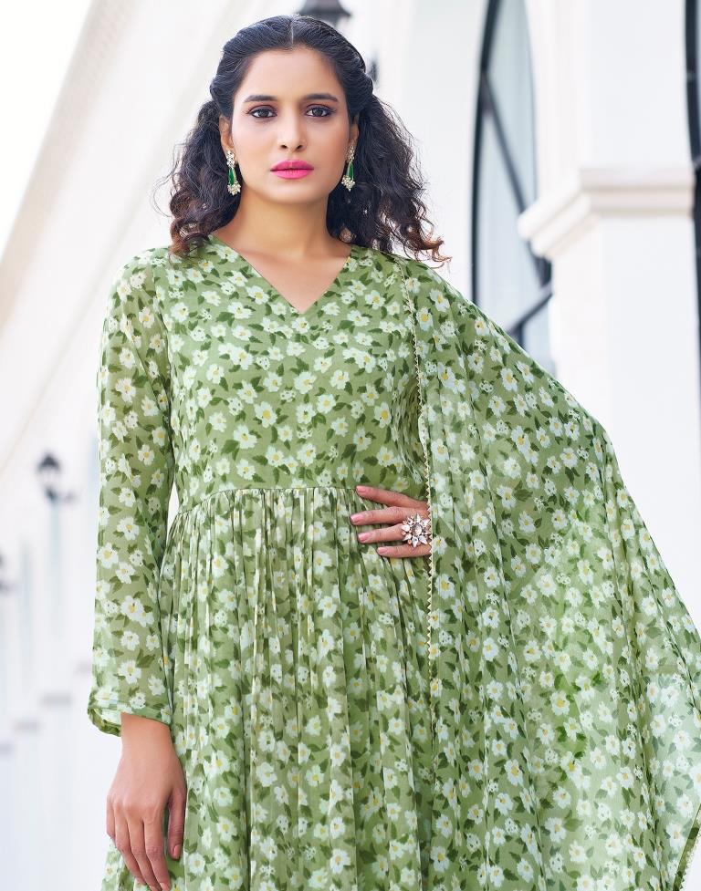 Pista Green Printed Georgette Flared Kurta Set with Dupatta