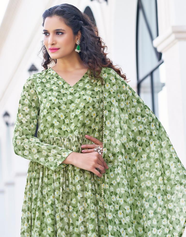 Pista Green Printed Georgette Flared Kurta Set with Dupatta