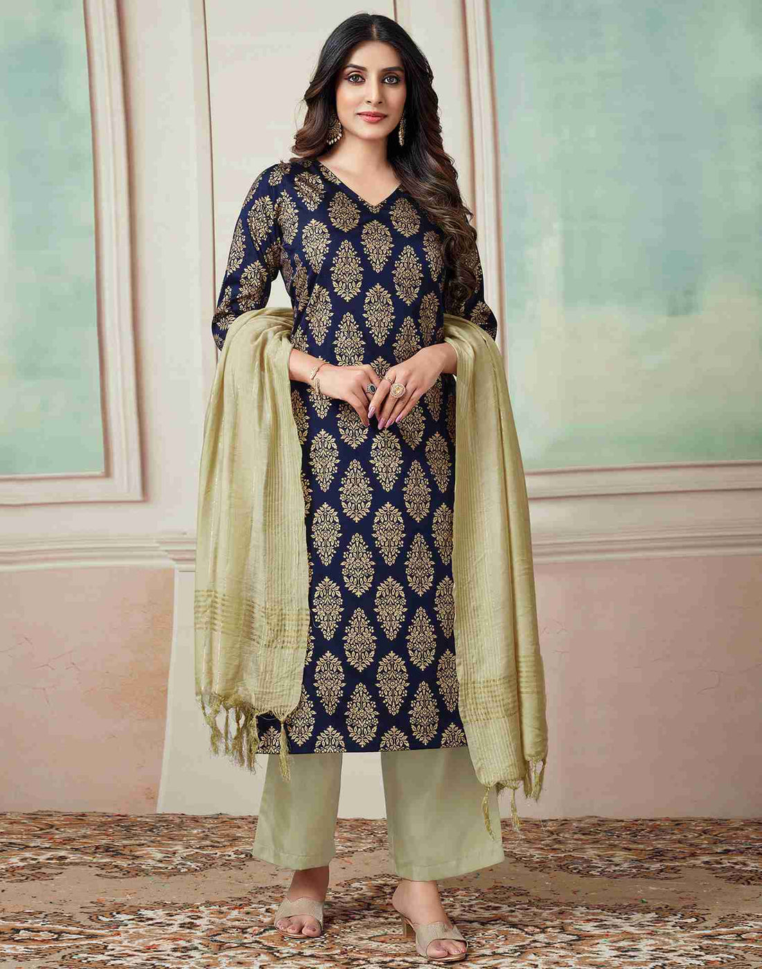 Navy Blue Printed Satin Straight Kurta Set With Dupatta