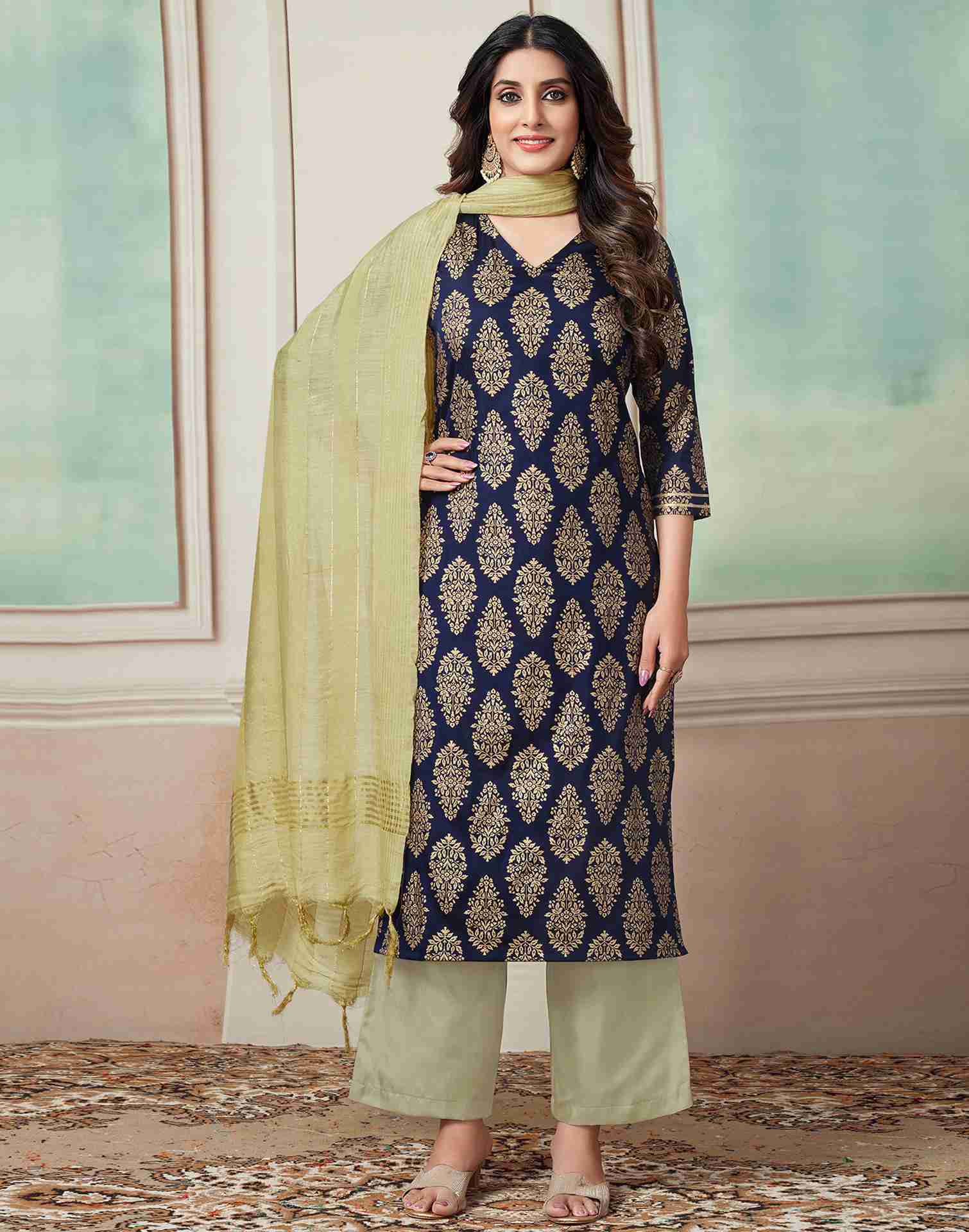 Navy Blue Printed Satin Straight Kurta Set With Dupatta