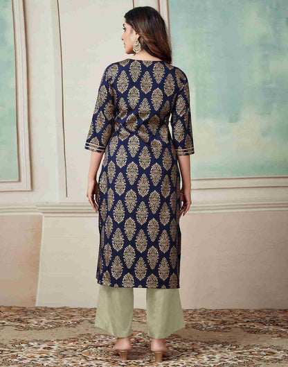 Navy Blue Printed Satin Straight Kurta Set With Dupatta