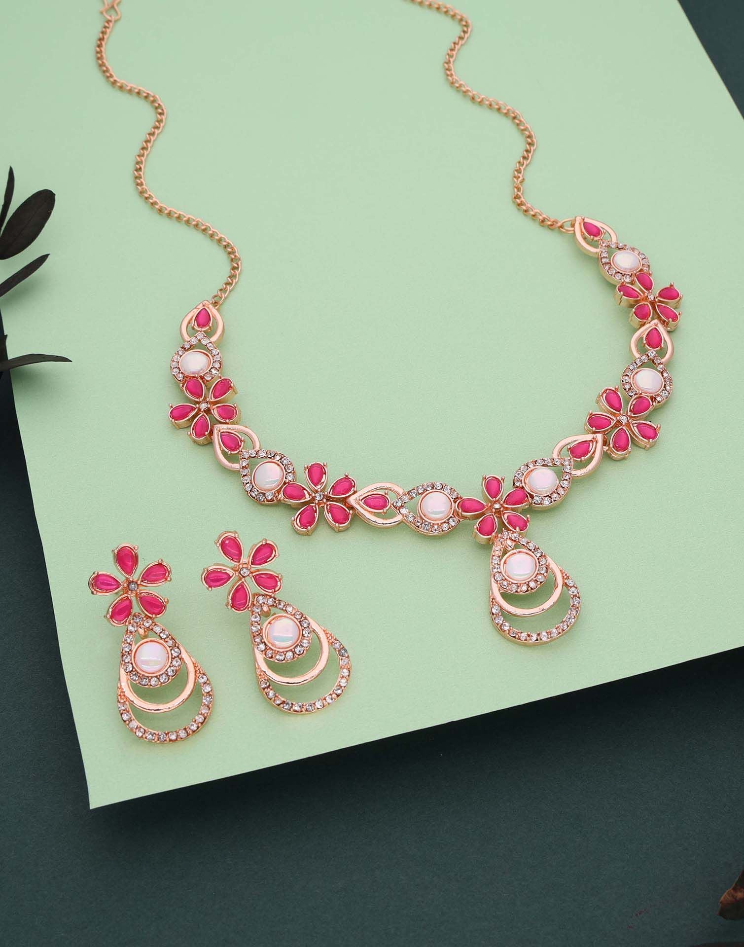 Pink Rose Gold Choker Necklace Set With Stud Earring