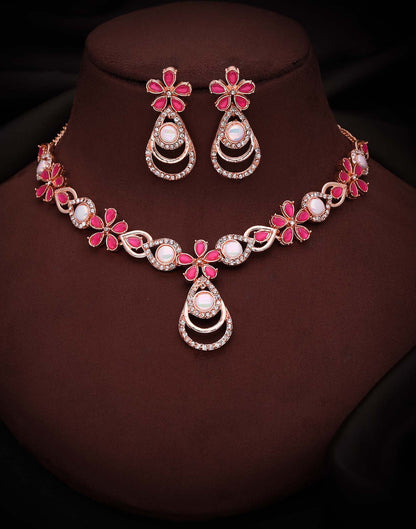 Pink Rose Gold Choker Necklace Set With Stud Earring