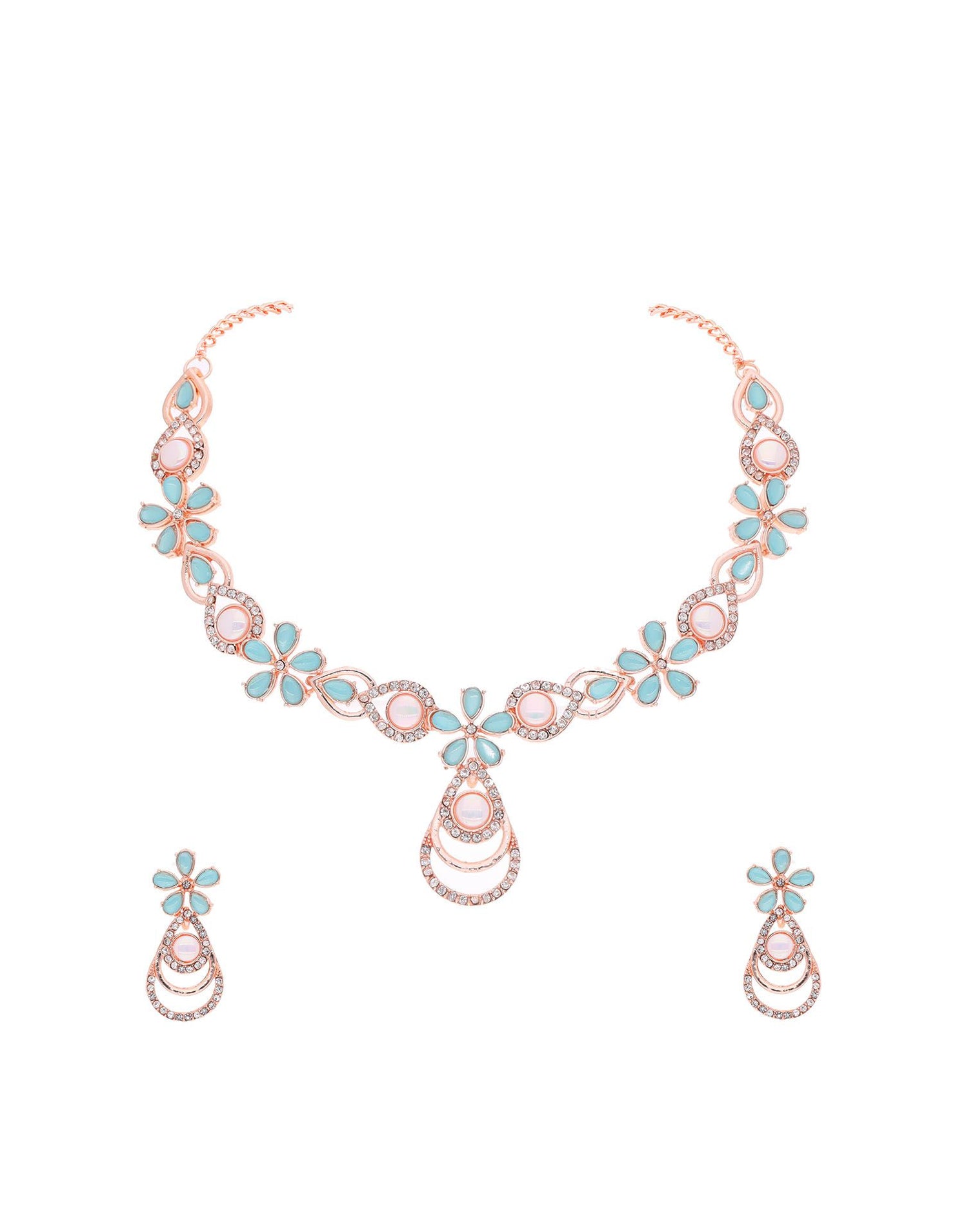 Blue Rose Gold Choker Necklace Set With Stud Earring