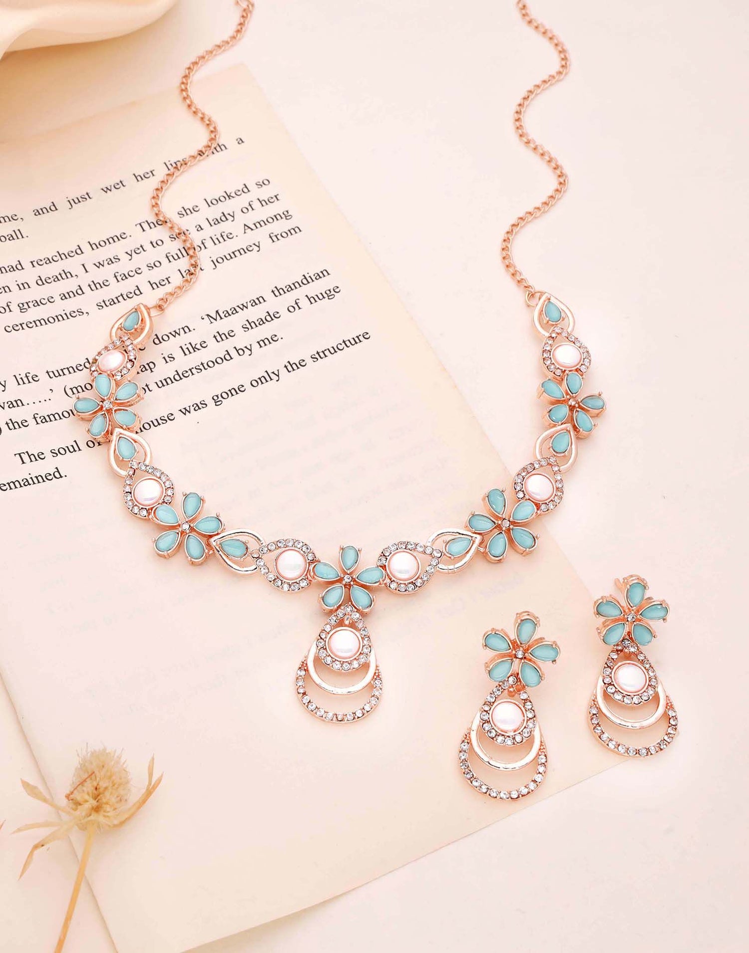 Blue Rose Gold Choker Necklace Set With Stud Earring