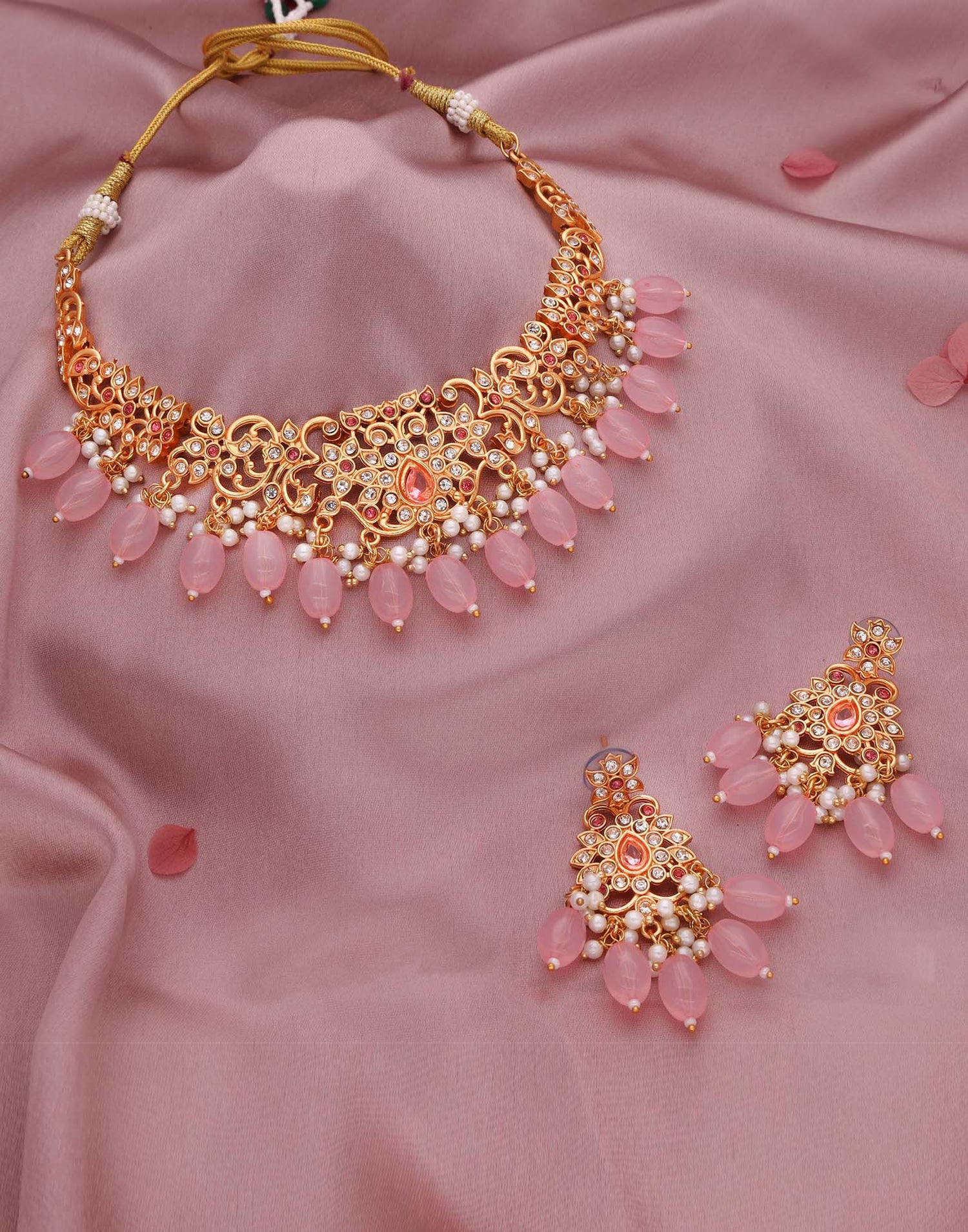 Pink Gold Choker Necklace Set With Dangle Earring