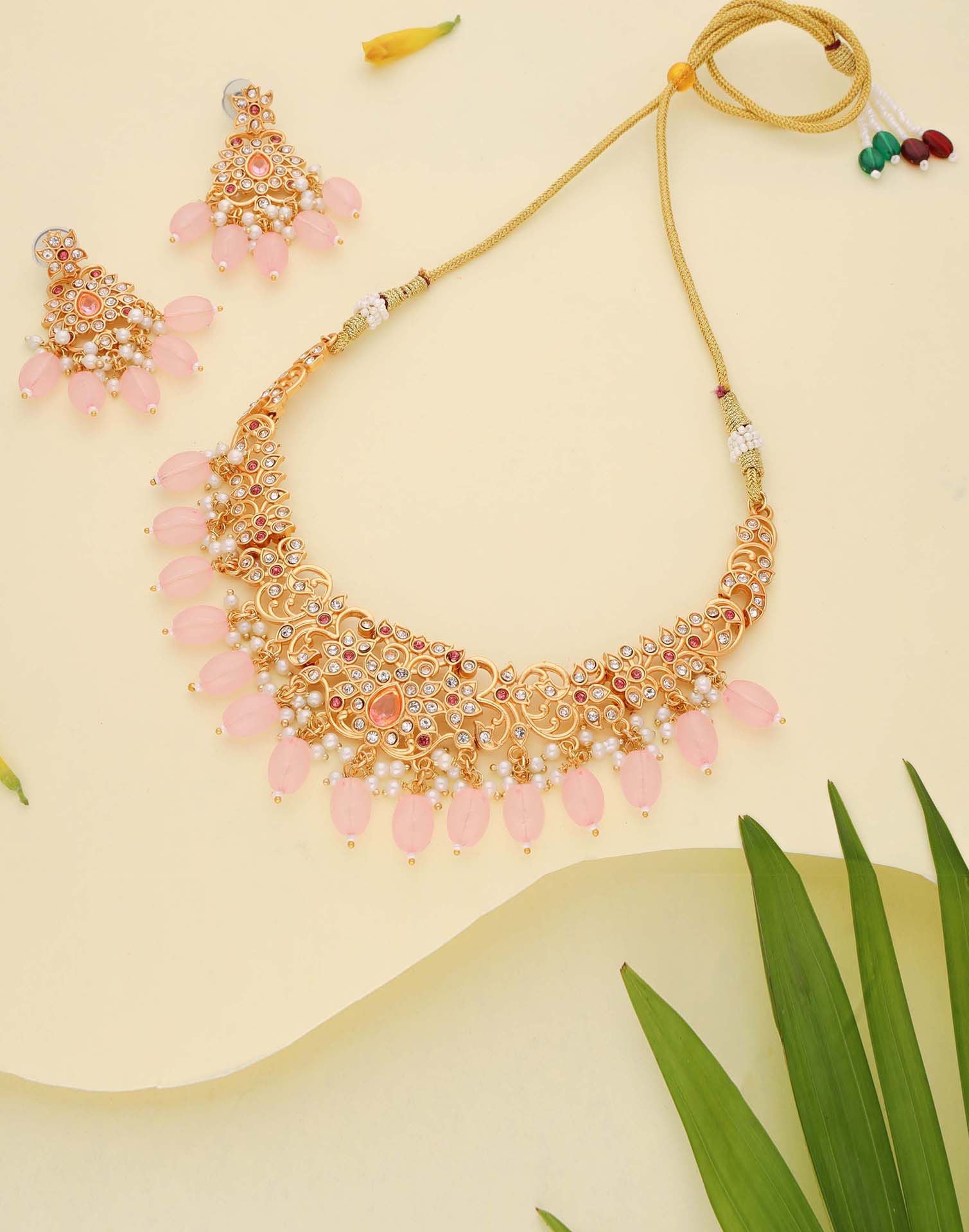 Pink Gold Choker Necklace Set With Dangle Earring