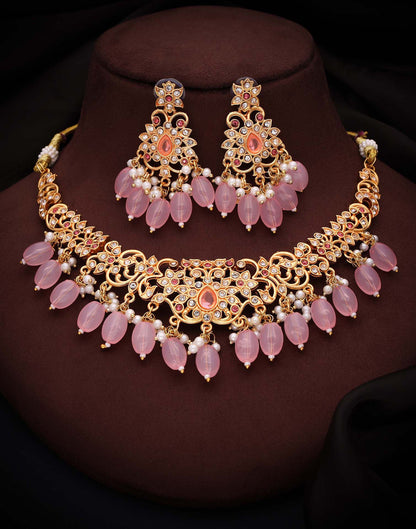 Pink Gold Choker Necklace Set With Dangle Earring