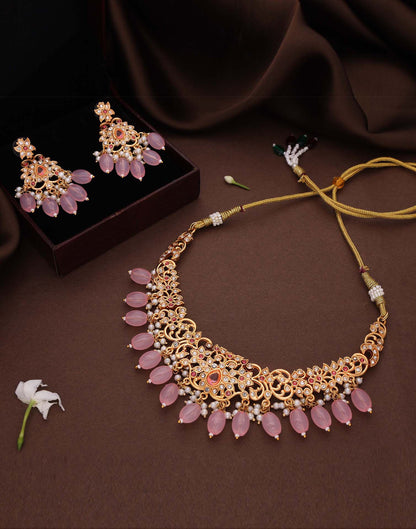 Pink Gold Choker Necklace Set With Dangle Earring