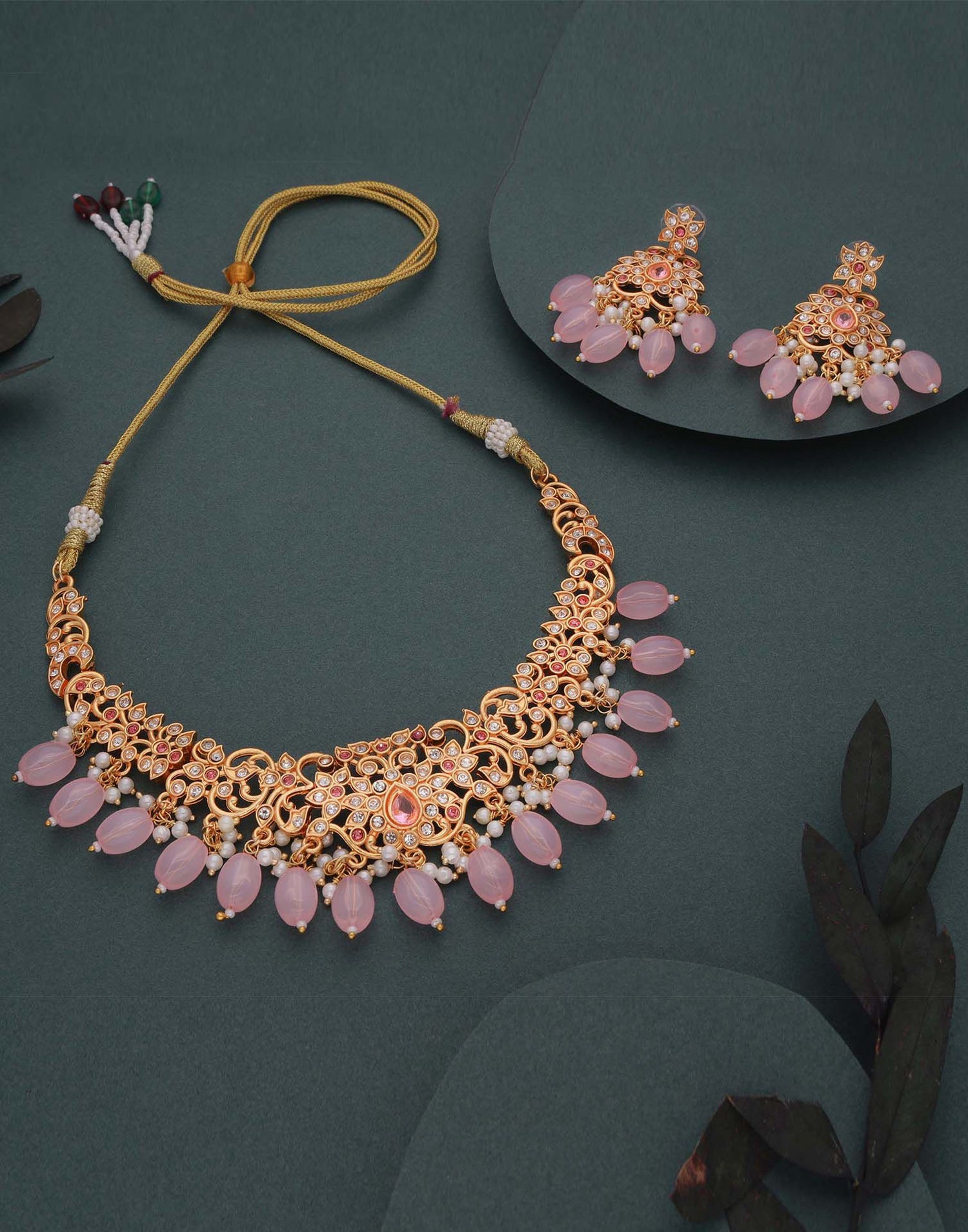 Pink Gold Choker Necklace Set With Dangle Earring