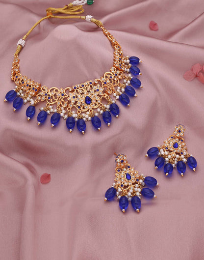 Blue Gold Choker Necklace Set With Dangle Earring