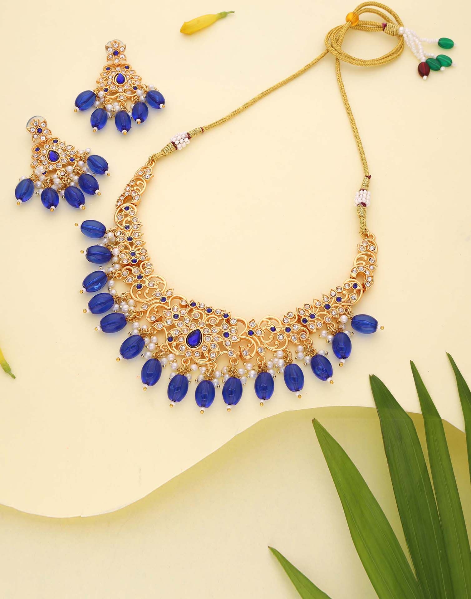 Blue Gold Choker Necklace Set With Dangle Earring