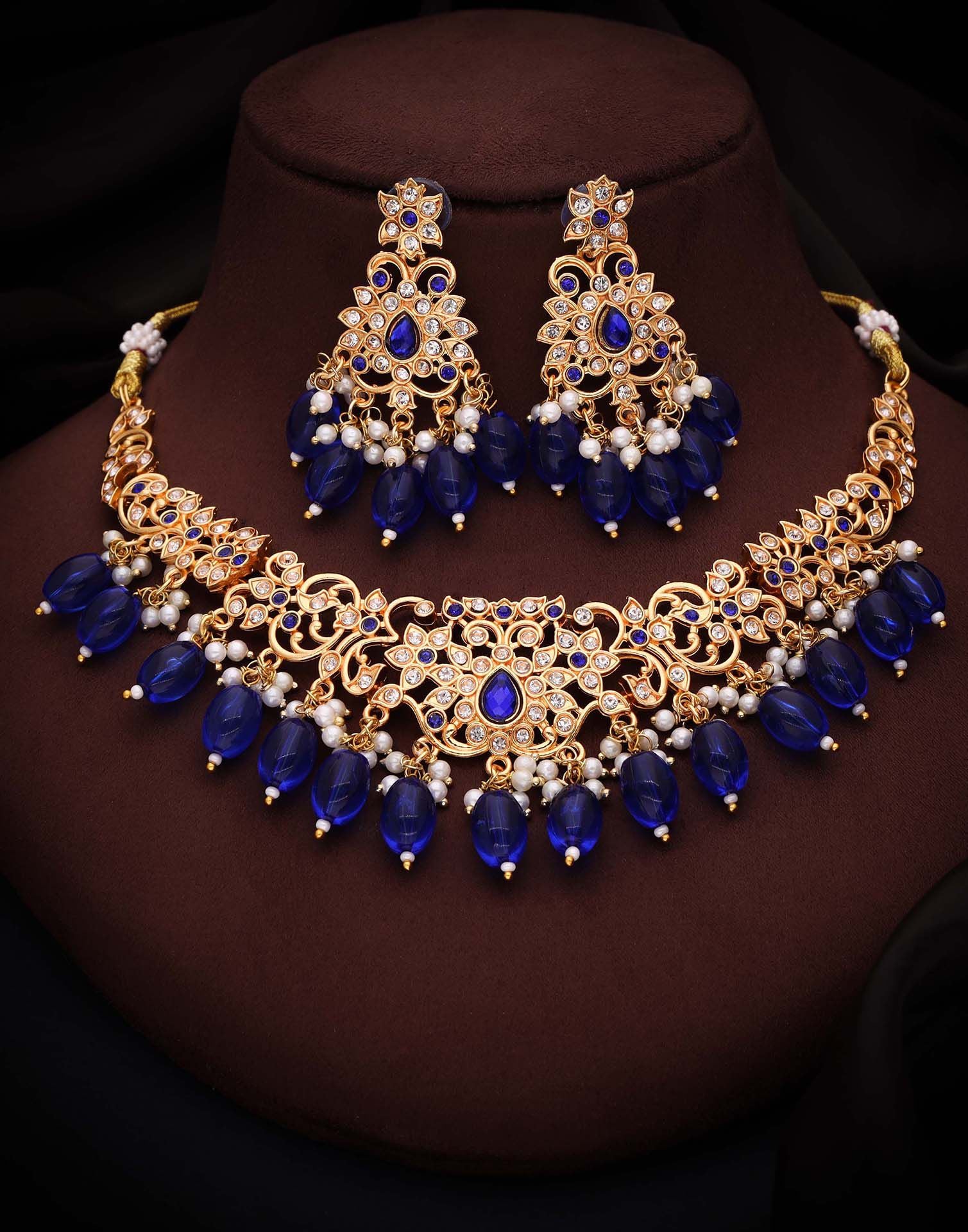 Blue Gold Choker Necklace Set With Dangle Earring