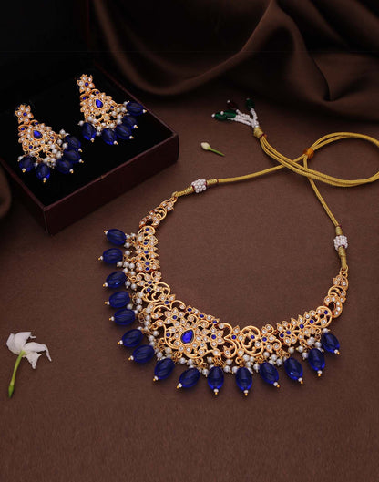 Blue Gold Choker Necklace Set With Dangle Earring