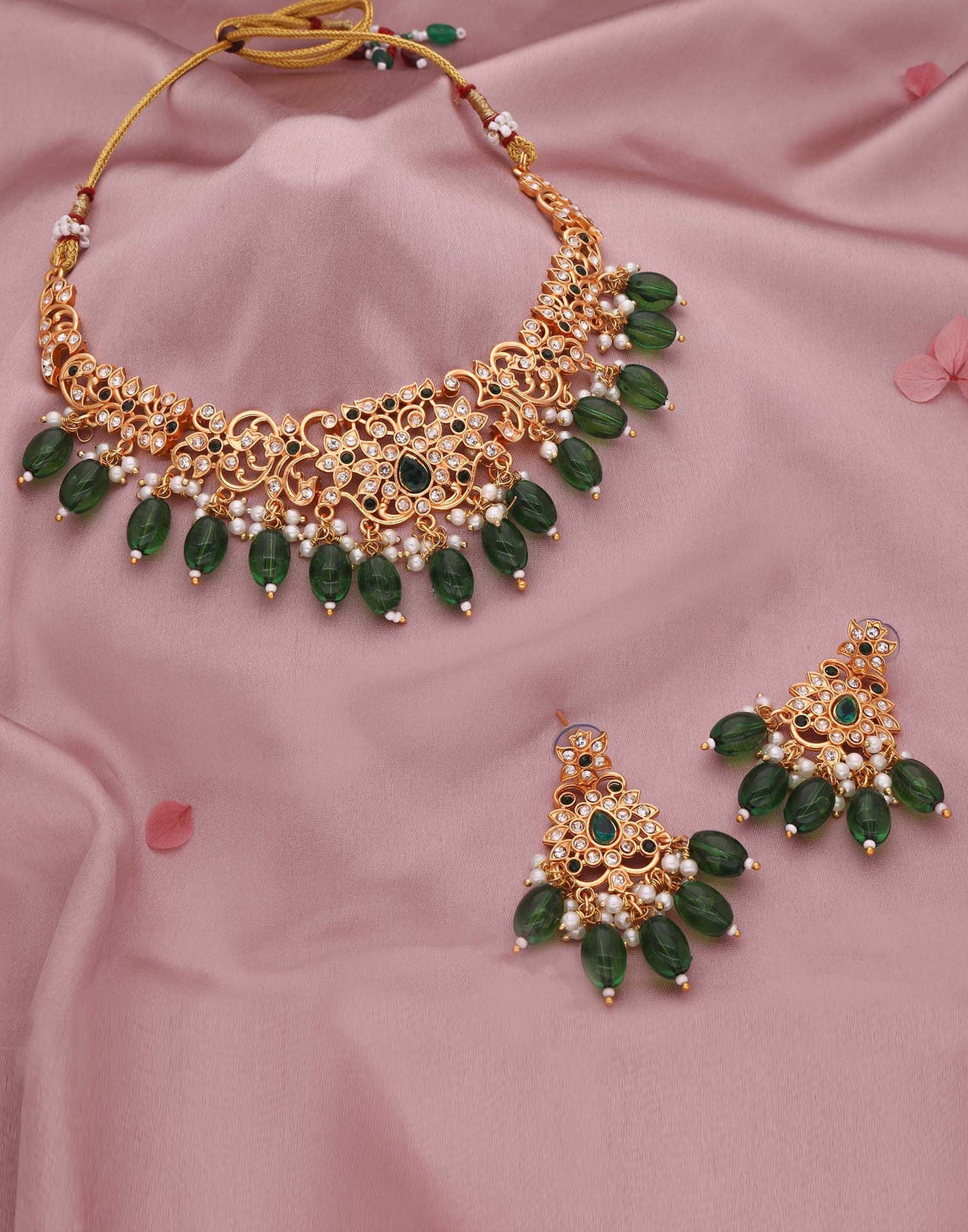 Green Gold Choker Necklace Set With Dangle Earring