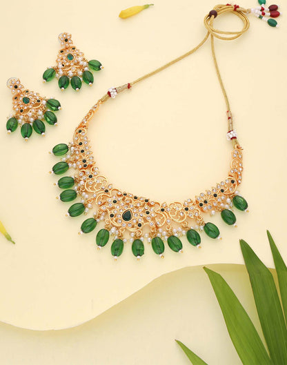 Green Gold Choker Necklace Set With Dangle Earring