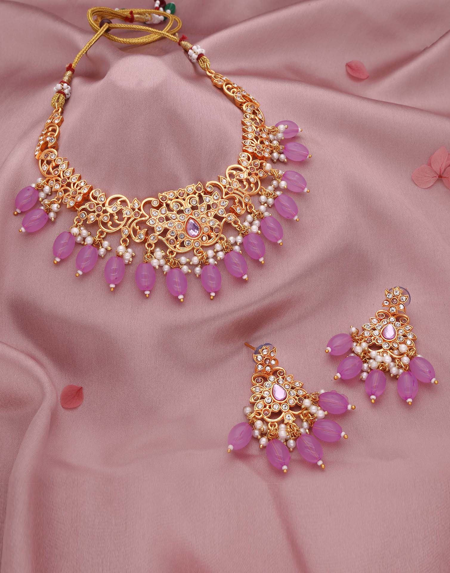 Lavender Gold Choker Necklace Set With Dangle Earring